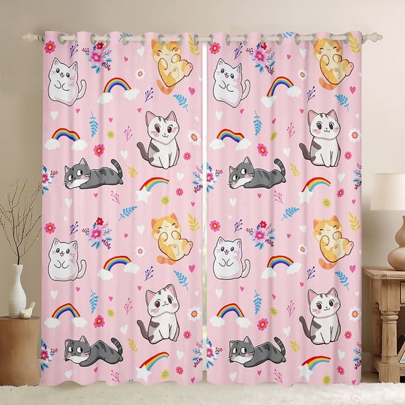 Manfei Cute Cartoon Cat Blackout Curtains Set of 2 (52x84 Each),Colorful Rainbow Window Curtains,Rustic Flower Floral Curtains and Drapes For Girls,Luxury Bedroom Decor