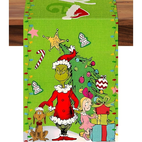 Table Runner Merry Christmas Theme Linen Green Elf Xmas Table Runner for Funny Decorations Kitchen Dining Room Home Seasonal Winter Holiday Indoor Outdoor Party 13 x 72 Inch