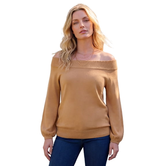 Roaman's Women's Plus Size Off-The-Shoulder Blouson Sleeve Sweater