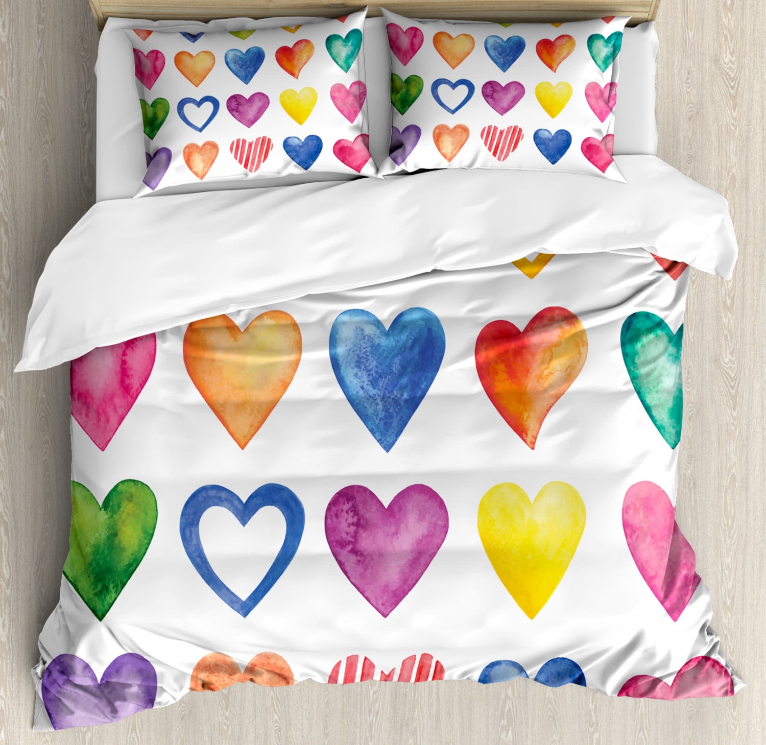 Grunge Duvet Cover Set King Size, Rainbow Color Heart Shapes Valentine