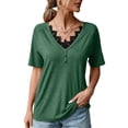 thumbnail image 1 of Camisa de manga corta con cuello en V de encaje para mujer, moda de verano, informal, adelgazante, blusa de manga corta de verano para mujer, OD verde L, 1 of 8