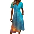 thumbnail image 4 of Women’s Short Sleeve V Neck Gradient Print Midi Dress with High Waist and Flared Hem for Casual or Daily Wear Sky Blue H XL, 4 of 5
