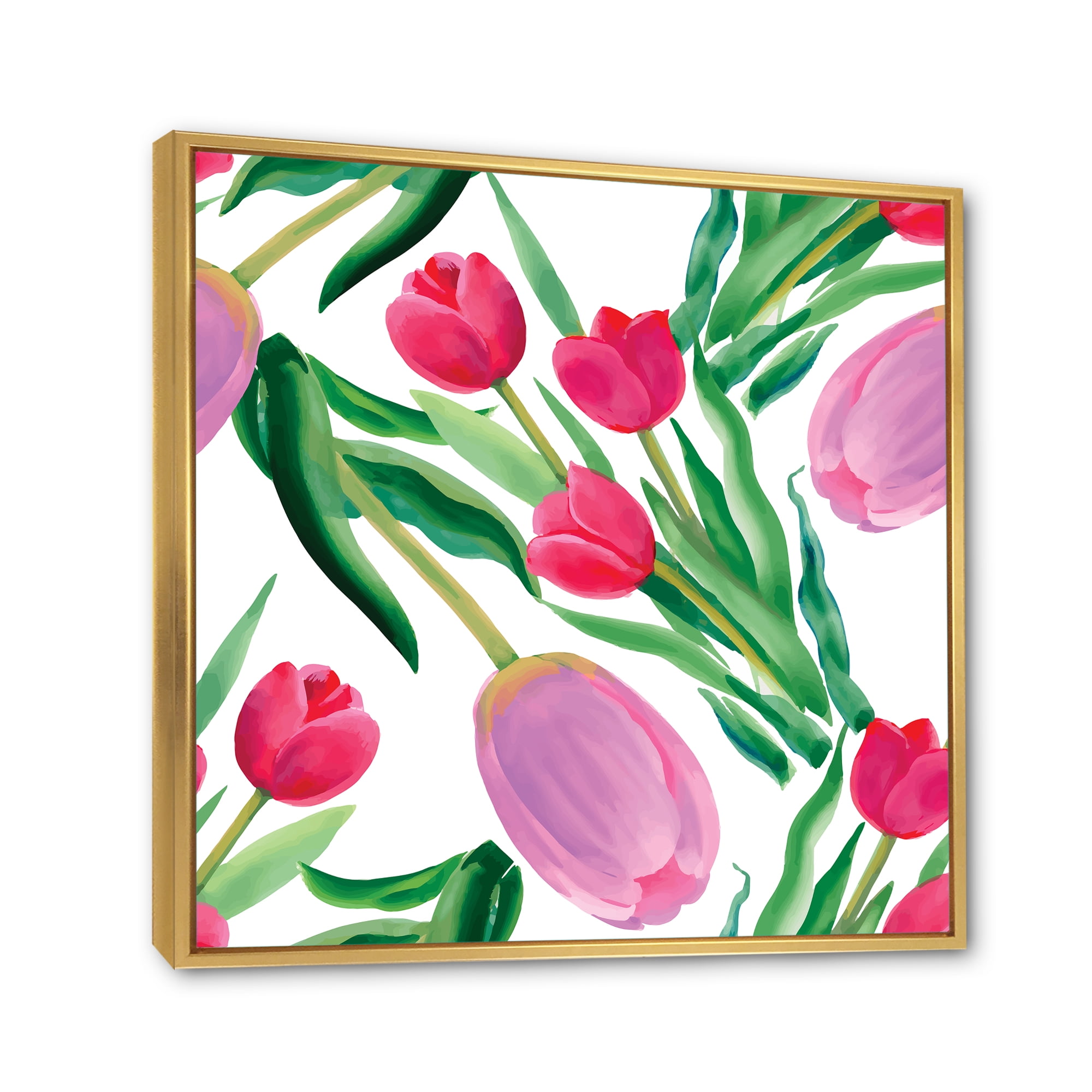 Designart 'Blooming Beautiful Pink Tulips Flowers On White' Traditional Framed Canvas Wall Art Print