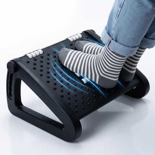 Foot Rest with 6 Adjustable Heights, Anti-Slip Suction Cup Design with Massage Roller, Portable Under Desk Foot Stool for Office, Home, Travel, Black