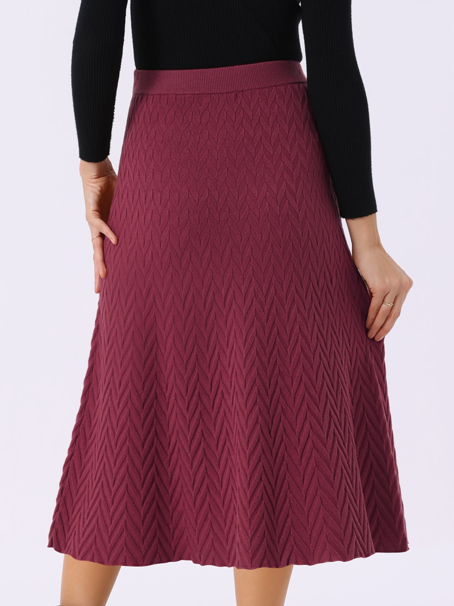 DARING DIVA Women's A-Line Skirts Stretchy Sweater Midi Skirt S Burgundy