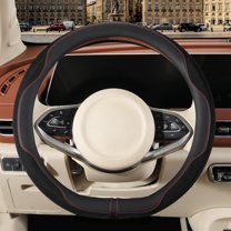 Nappa Leather Steering Wheel Cover, Advanced Microfiber Leather Non-Slip Breathable Fabric, Warm in Winter and Cool in Summer, Black, D Shape, 15 Inch