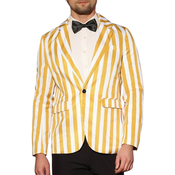 INSPIRAR CHIC Traje de Hombre a Rayas de Una Sola Botonadura Ajustado Casual Blazer Vertical Rayas XL Amarillo Blanco