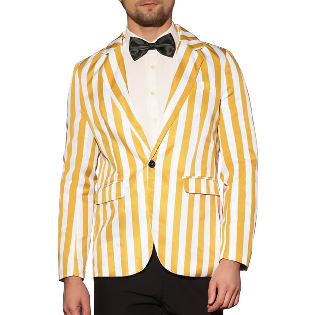 INSPIRAR CHIC Traje de Hombre a Rayas de Una Sola Botonadura Ajustado Casual Blazer Vertical Rayas XL Amarillo Blanco