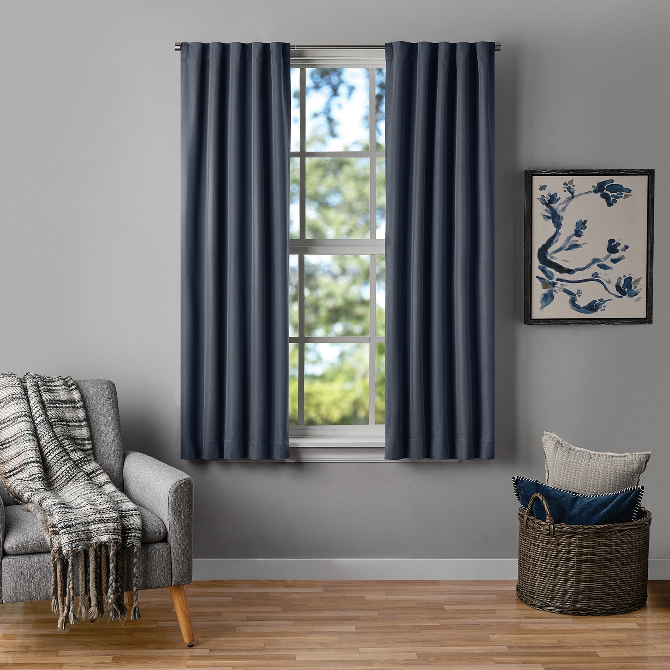 Mainstays Dark Navy Solid Blackout Rod Pocket with Back Tabs Curtain Panel Pair, Set of 2, 30" W x 63" L