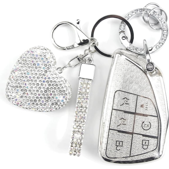 Key Fob Cover with Diamond Keychain Fit for Chevy Car Key Holder Case Compatible with Chevrolet 2021-2024 Tahoe Suburban GMC Yukon Denali Silverado Key Protector, 6 Buttons (Silver-Heart)