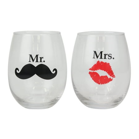 Topshelf Decorative Mr and Mrs Stemless Wine Glass Set - Gifts for Bride and Groom - Set of 2