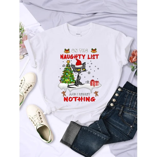 Camiseta con dibujos animados de gatitos navideños para mujer, Tops con gato en la lista traviesa y no me arrepiento de nada, ropa informal de Hip Hop a la moda