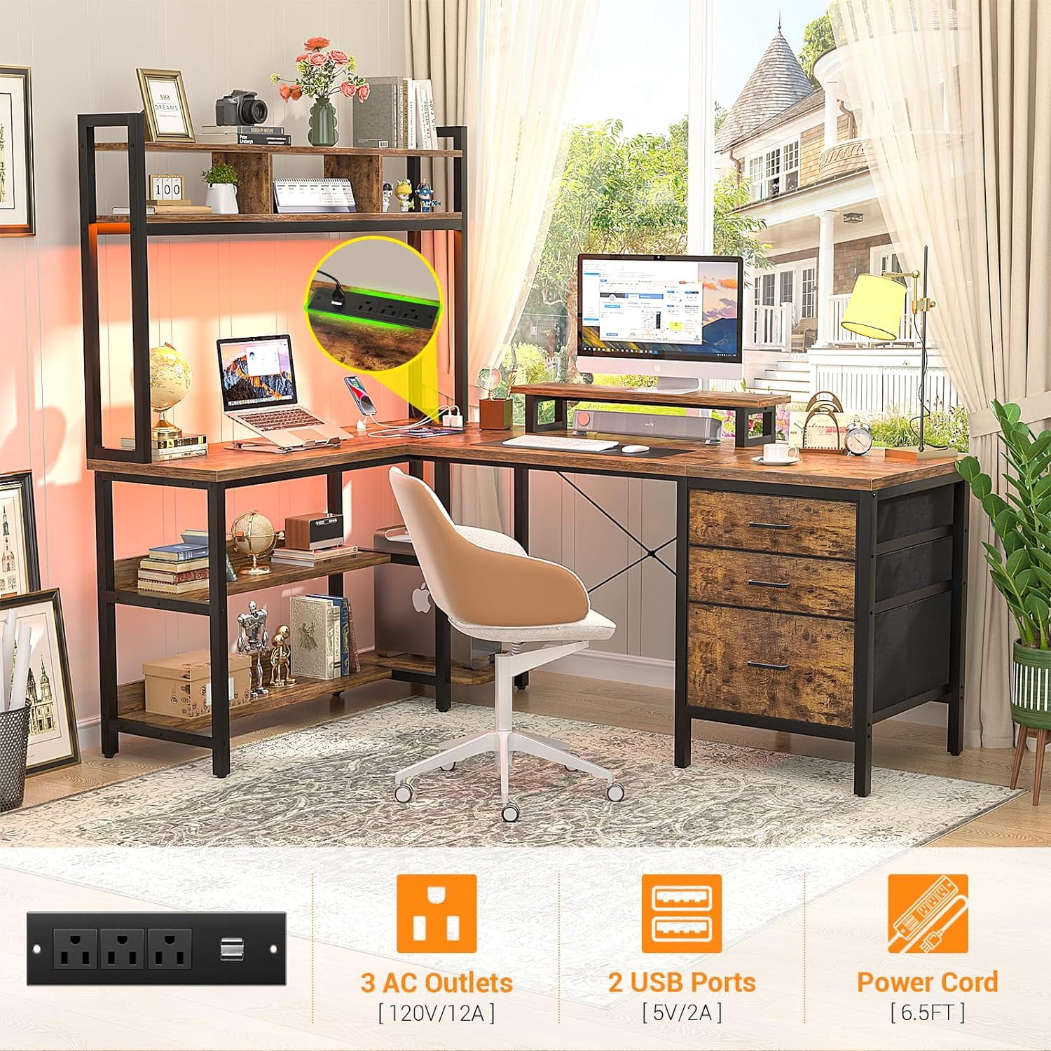 Homieasy L Shaped Desk with Hutch, Gaming Desk with Led Lights, Reversible Computer Desk with Power Outlet, Corner Desk with File Drawer & Monitor Stand, Storage Shelves for Home Office, Rustic Brown