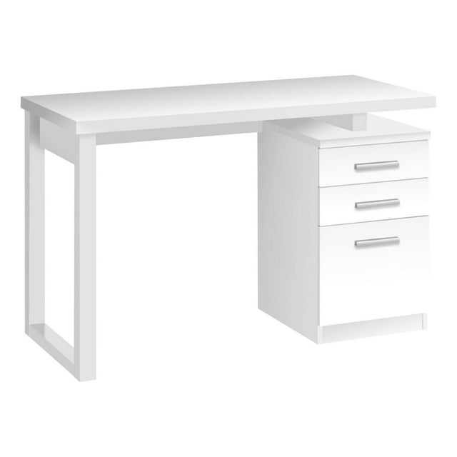 Contemporary white laminate computer desk with three storage drawers on the right, suitable for home office or laptop use.