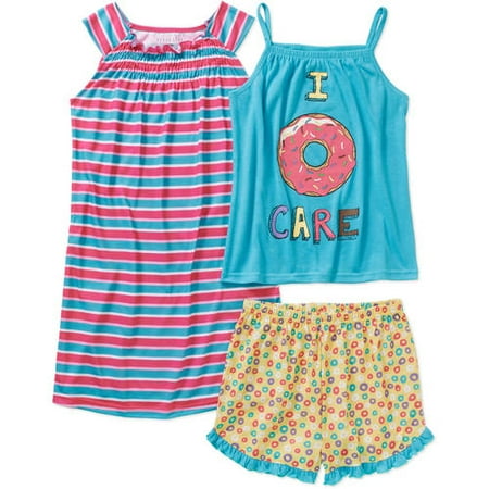 Kids Sleepwear - Komar Kids Girls' 3 Piece Sleepwear Set Donut Short Set with Stripe Gown, Pink Print, Size: 7/8