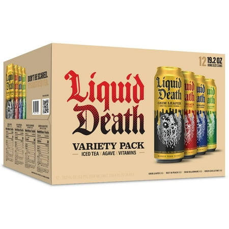 ( Best By :07/22/26) Liquid Death  Iced Tea Variety Pack (Grim Leafer  Rest in Peach  Dead Billionaire  and Green Guillotine)  12-Pack (King Size 19.2oz Cans)  Tea Sweetened With Real Agave  B12 & B6 Vitamins  Low Cal