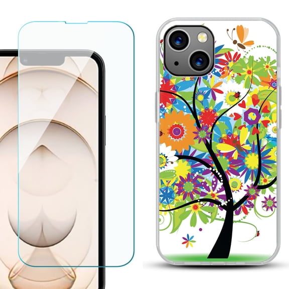 Slim-Fit Flexible TPU Gel Phone Case for iPhone 13, with Tempered Glass Screen Protector, by OneToughShield ® - Colorful Tree
