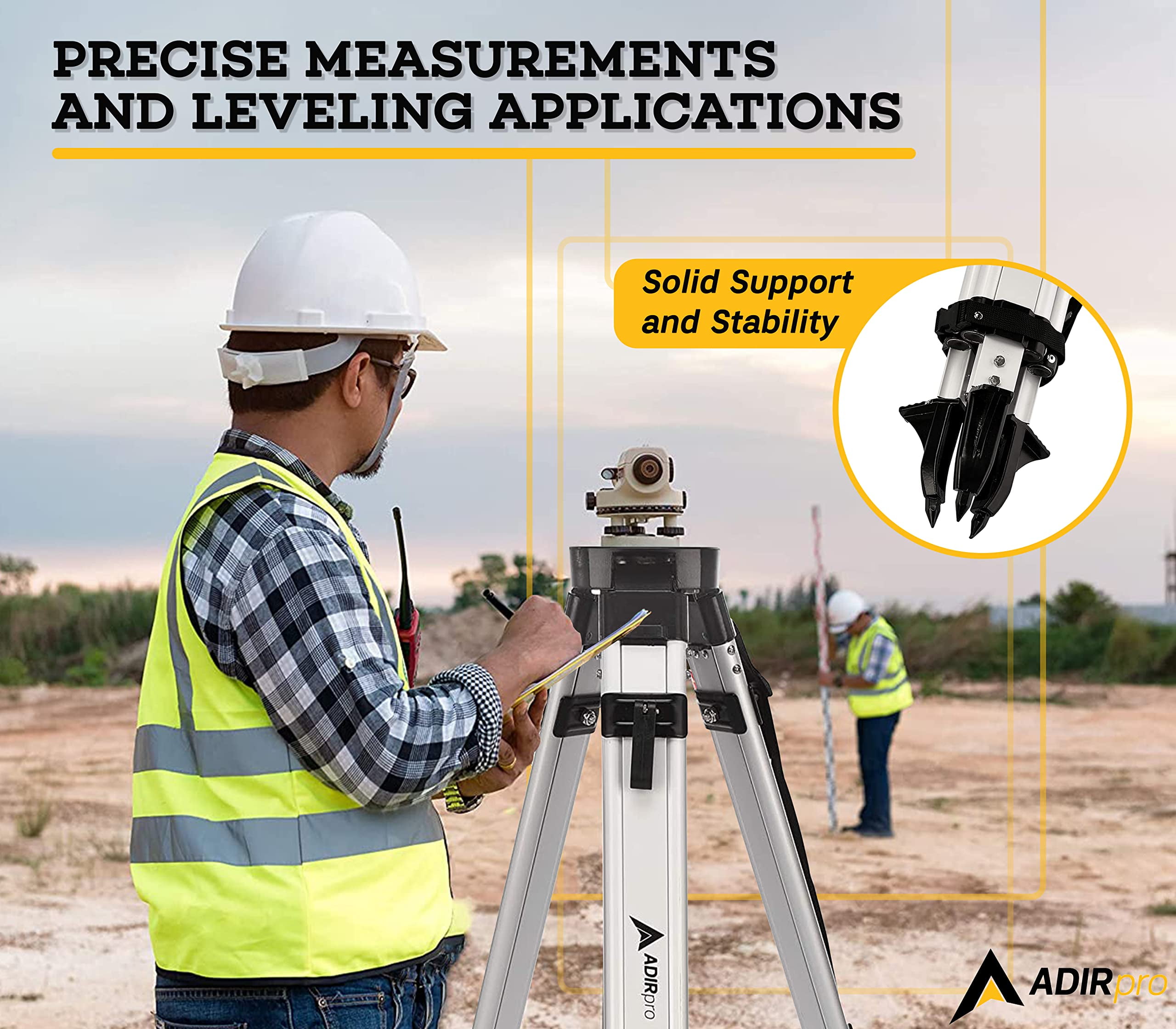 AdirPro Universal Survey Tripod – Laser Level Tripod – Transit Level Tripod - Quick Clamp - Heavy Duty Contractor Tripod 5/8” x 11” Thread (Black Aluminum)