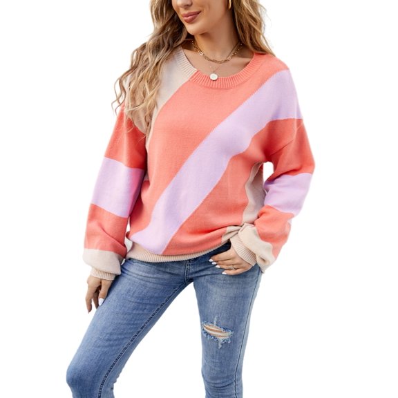 Cross Stripe Color Block Sweater Long Sleeve Regular Fit for Women Beige Medium