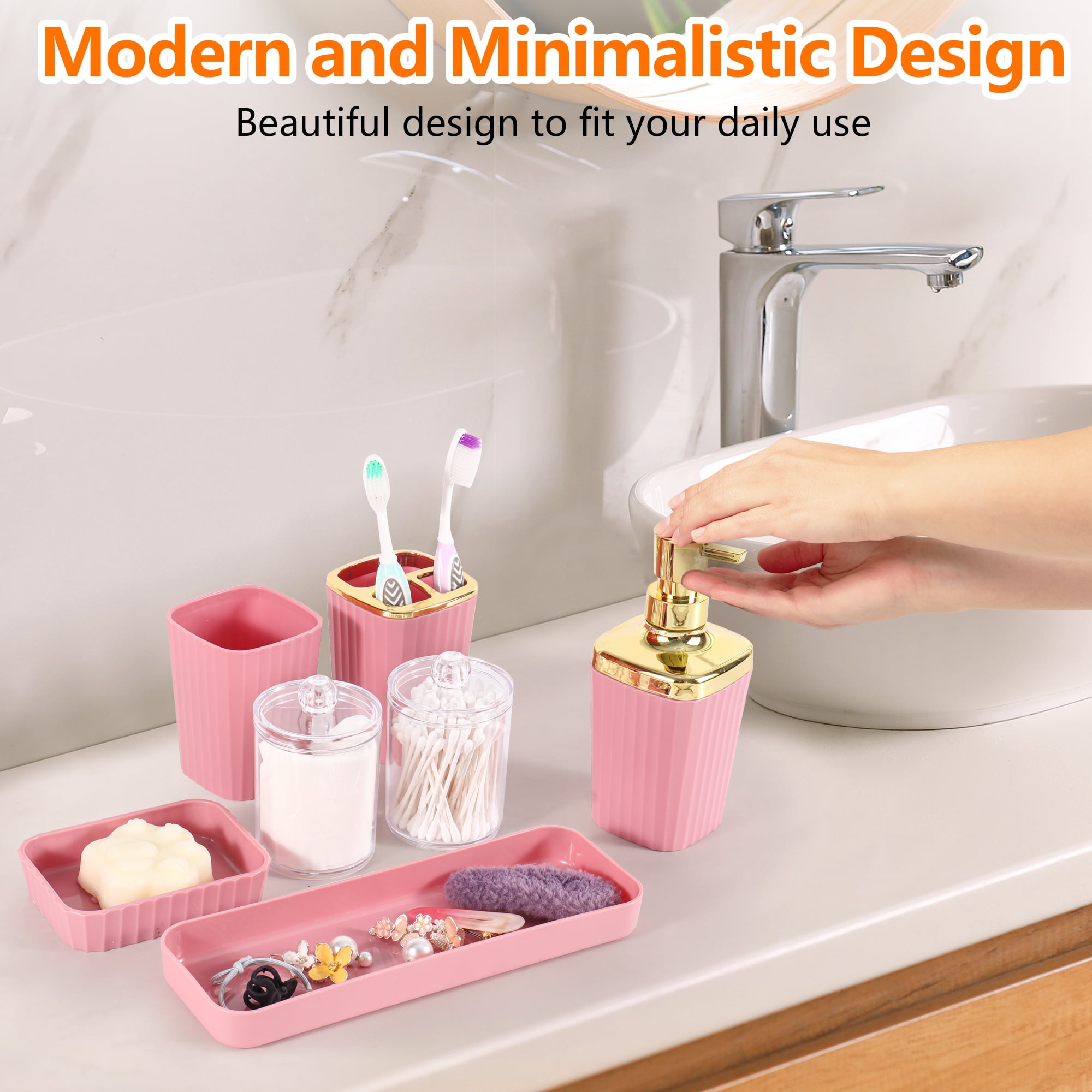 Bathroom Accessories Set,9 Piece Pink Bathroom Sets Complete With Toothbrush Holder, Trash Can, Lotion Soap Dispenser, Toothbrush Cup, Vanity Tray, Soap Dish, Toilet Brush, Qtip Holder
