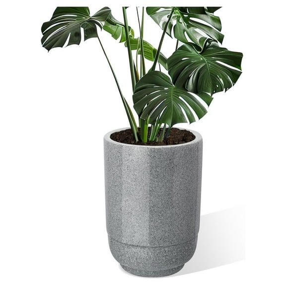 15 Inch Tall Ceramic Planter for Indoor and Outdoor Plants, Large Modern Pot with Drainage Hole and Rubber Stopper, Gray