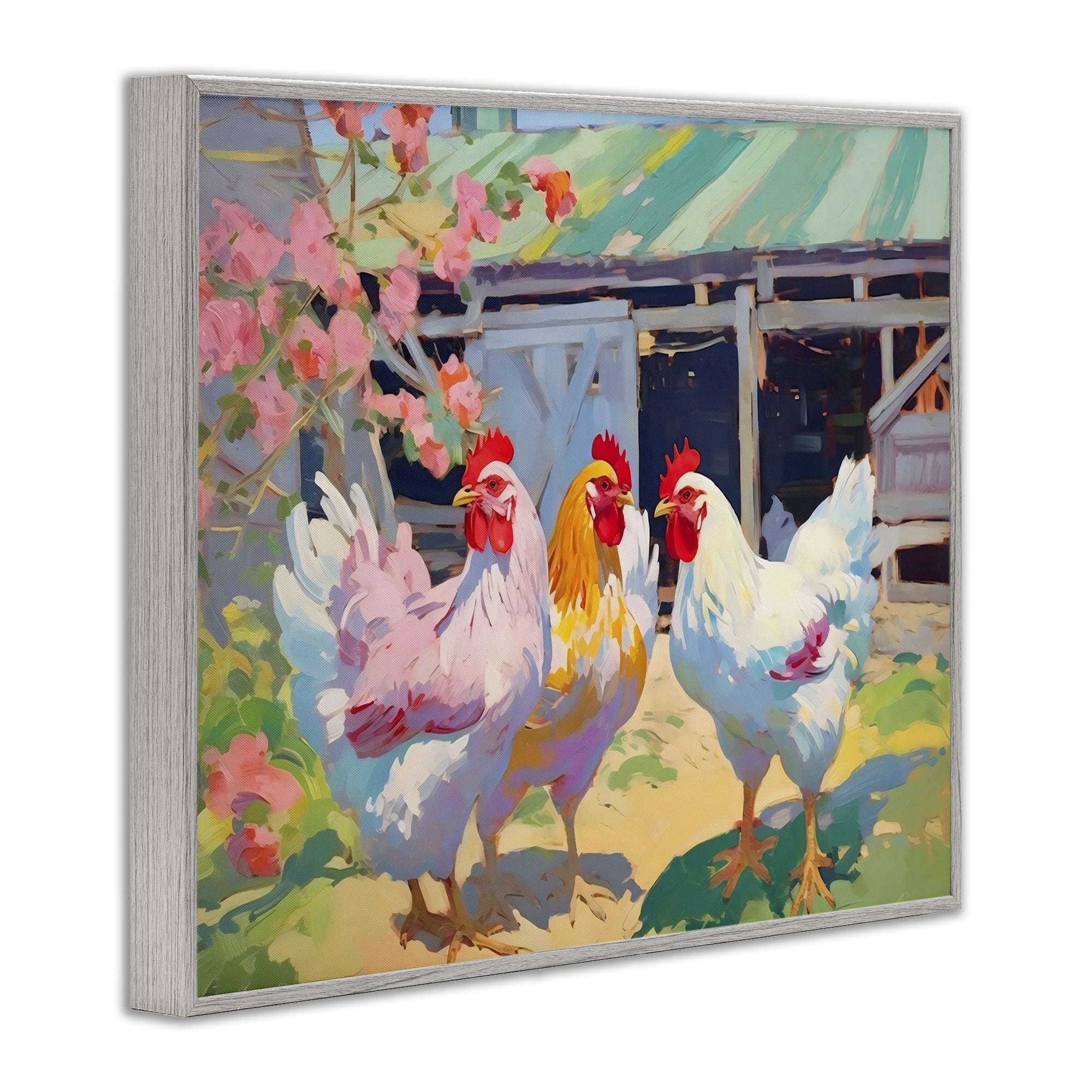 Stupell Industries Colorful Chickens in Sunlit Yard Gray Framed Giclee Art, design by Creative Studio