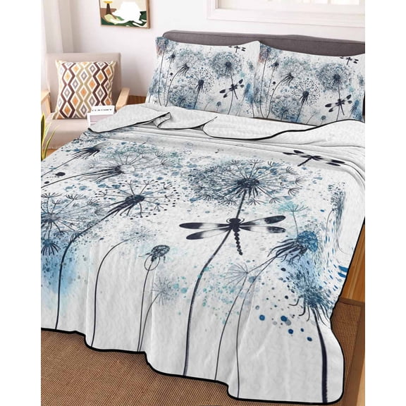 Blue Teal Dandelion Twin Size Down Alternative Comforter, Lightweight Comforter Quilt Bedding Set with Pillow Shams Dragonfly Modern Art Watercolor All Seasons Bed Comforter Duvet Insert 68"x86"