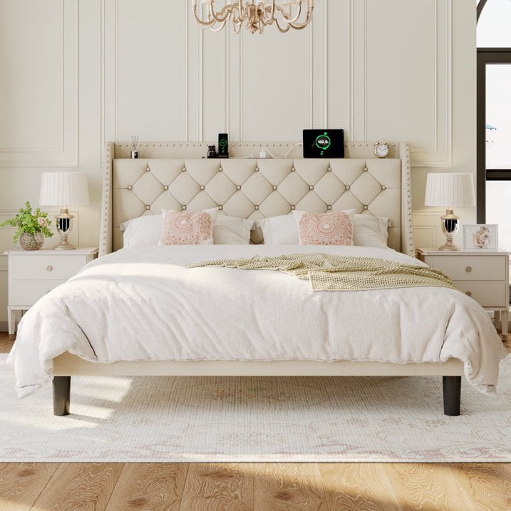 AENKYO King Size Platform Bed with Fast Charging Station, Storage Wingback Headboard, No Box Spring Needed, Beige