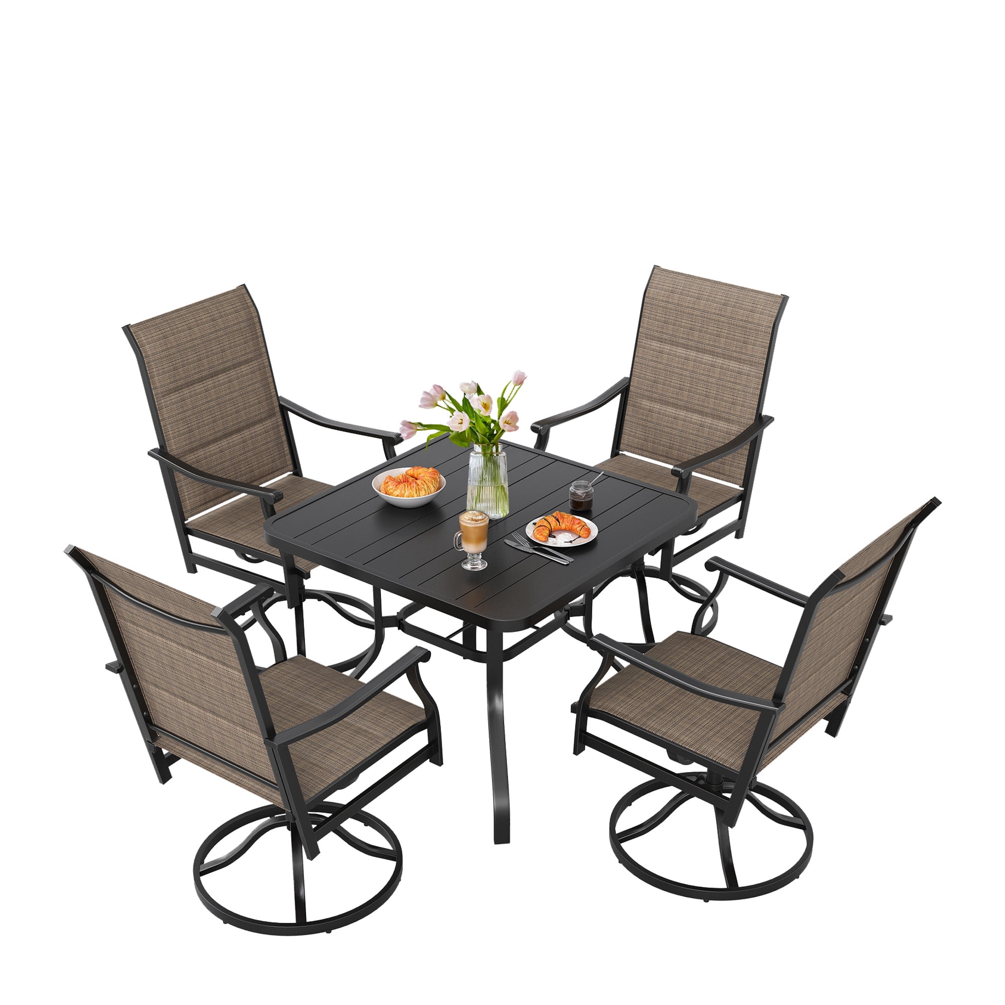 MAYEERTY 5-Piece Patio Dining Set:1 Black Square Table with 1.57" Umbrella Hole & 4 Brown Swivel Paded Textilene Chairs