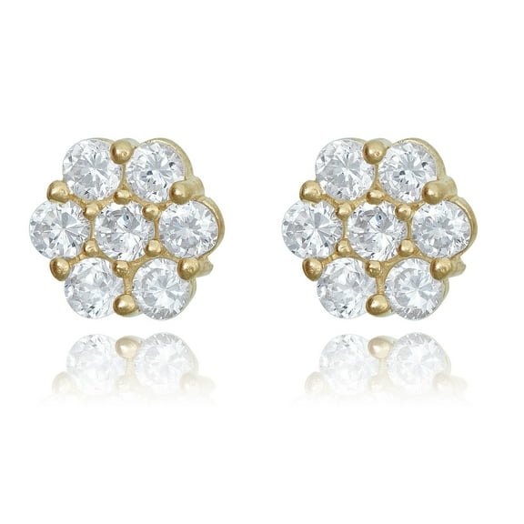 AVORA 14K Yellow Gold Cluster Flower Simulated Diamond CZ Stud Earrings