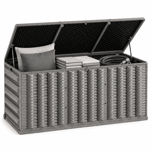 130 Gallon Resin Deck Box, Outdoor Lockable Storage Container for Patio Cushions, Garden Tools, Pool Supplies, Toys, Water Resistant and UV Resistant, Reinforced Rib Design, Built-in Wheels, Gray