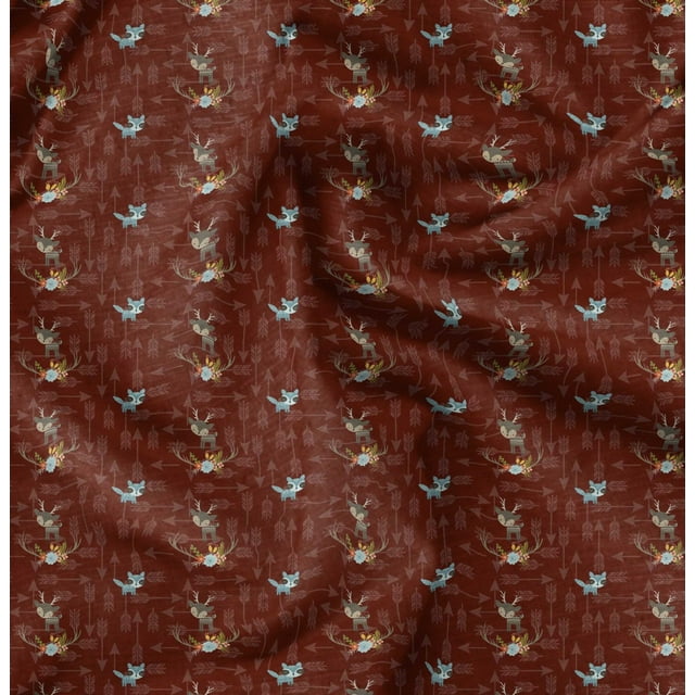 Soimoi Red polyester Crepe Fabric Arrow & Reindeer Kids Print Fabric by Yard 42 Inch Wide