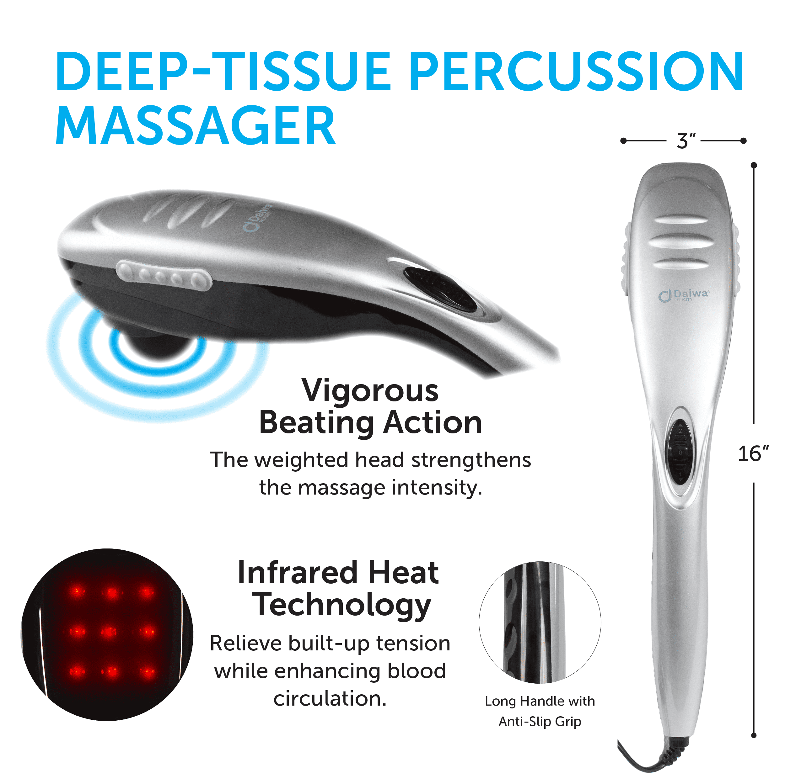 Daiwa Felicity Electric Handheld Massager Tapping Pro with Heat for Back, Neck & Shoulders - Deep Tissue. FSA/HSA Eligible