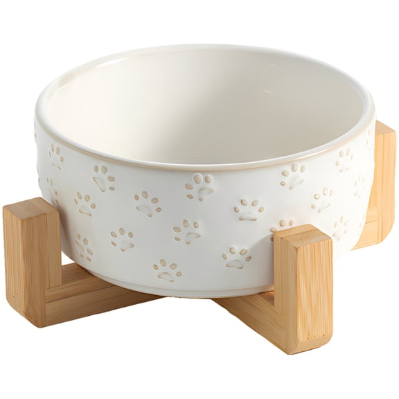 Ceramic Pet Bowl with Wood Stand, 30 oz Elevated Food & Water Bowl with Paw Prints Pattern, 8.0x3.6" Raised Feeder for Cats & Medium Dogs, Modern White Dish