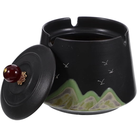 Ceramic Ashtray with Lid Windproof Smokeless Ash Tray for Home Office Outdoor Use