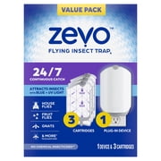Zevo Flying Insect Indoor Fly Trap Full Size: Easy, Mess-Free Solution - Light Trap Catches & Kills House Flies, Fruit Flies, Gnats, More (1 Plug in Device & 3 Cartridges)