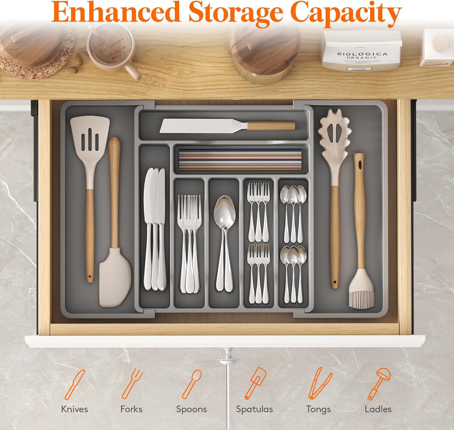 Expandable Utensil Organizer ,Silverware Drawer Organizer for Kitchen Drawers, Adjustable Cutlery and Flatware Tray, Plastic Spoons Forks Knives Holder Storage Dividers, Large, Gray