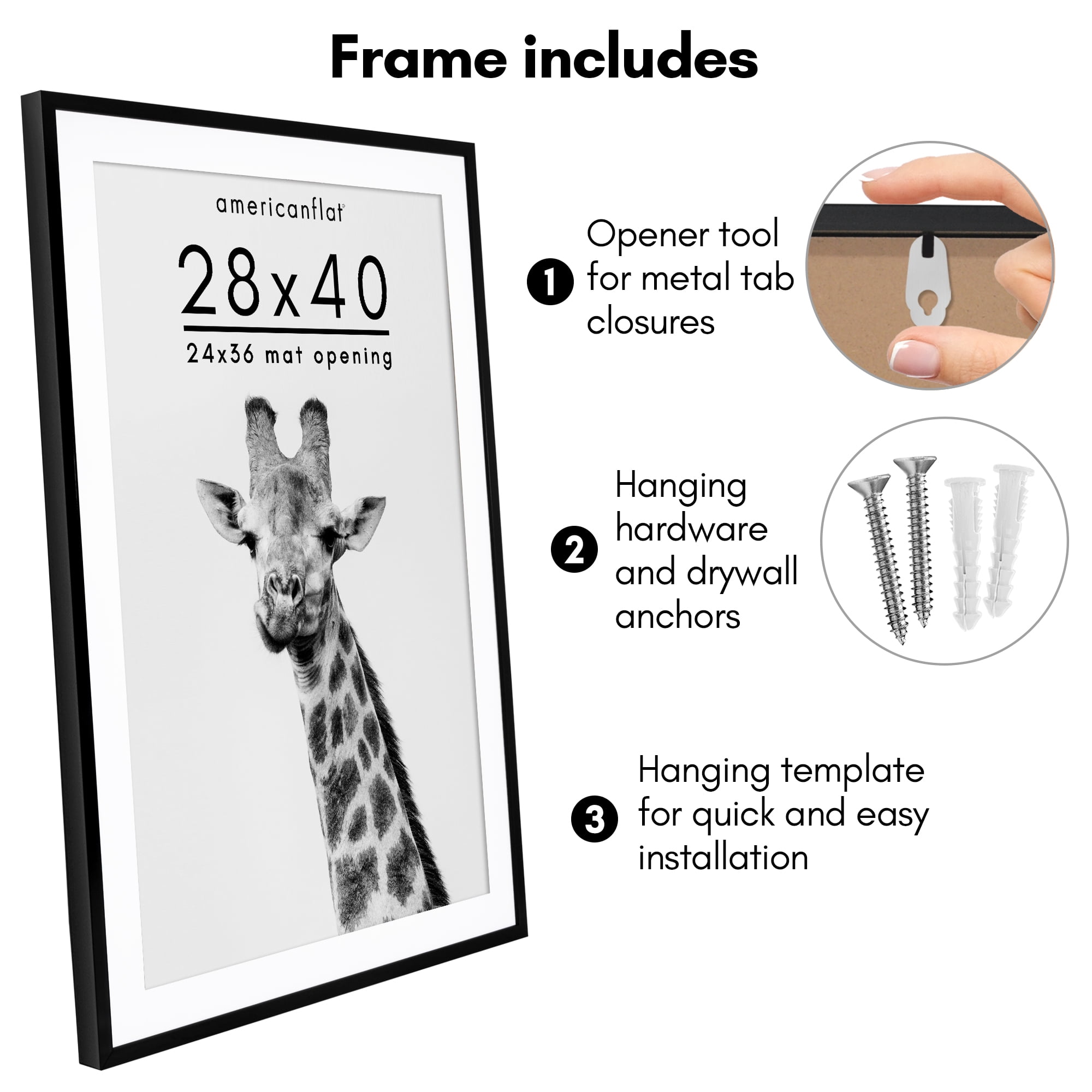 Americanflat 28x40 Poster Frame with Polished Plexiglass with 24x36 Mat Display Photo Soho Collection - Black