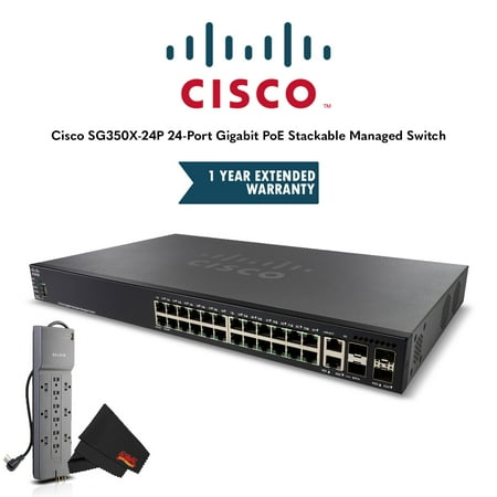Cisco SG350X-24P 24-Port Gigabit PoE Stackable Managed Switch with 1 Year Extended Warranty and Belkin Powerstrip