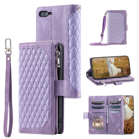 Mantto For iPhone 8 Plus, For iPhone 7 Plus, Premium PU Leather Crossbody Case Purse Zipper Pocket Magnetic Folio Card Slots Wallet Kickstand Phone Case with Shoulder Strap & Wrist Strap, Purple