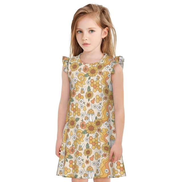 Vsdgher Rétro Années 70 60 Fleur pour Filles Chemises de Nuit Manches Courtes à Volants Robe de Nuit Pyjama pour Fête Pyjama-Grand