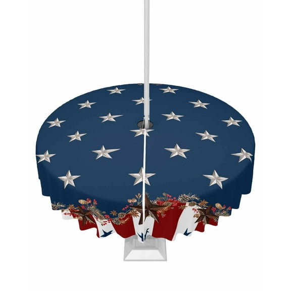 Hokiten Outdoor Tablecloths with Umbrella Hole & Zipper, Country Star Farm Round Tablecloth 54 Inch, Red Blue Patriots Stripe American Flag Waterproof Table Cloth, Patio/Pool/Picnic Table Covers