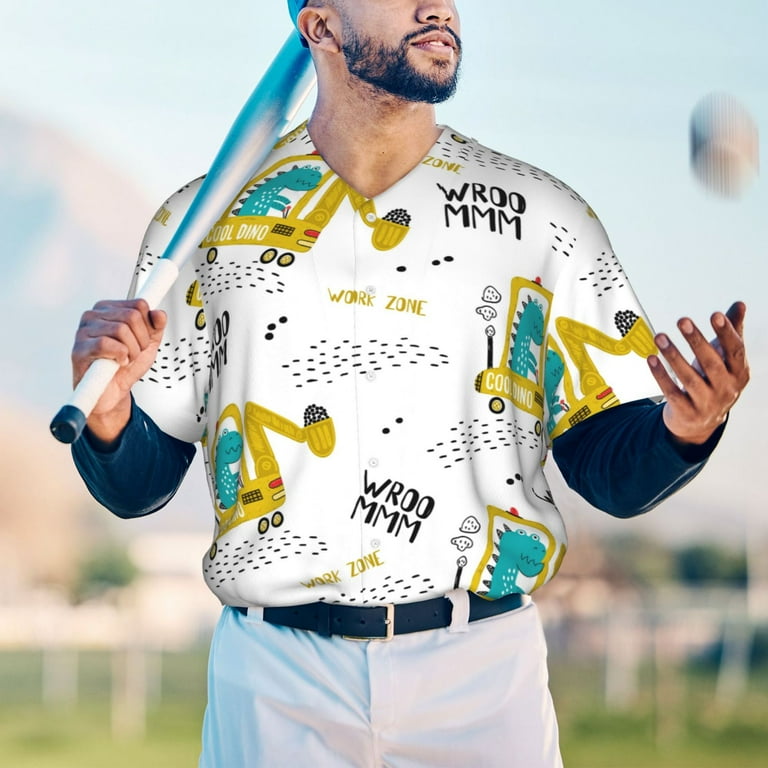 Balery Dinosaur on Excavator Baseball Jersey for Men Casual Button