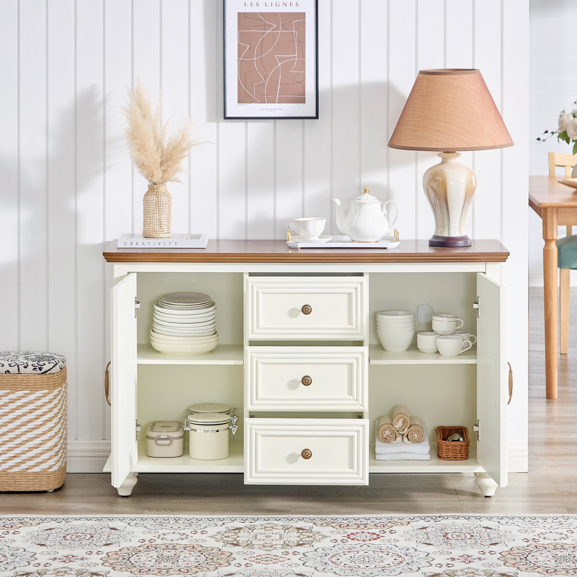 GDF Studio 47.3" Mid Century Modern Sideboard Buffet Cabinet with 2 Doors & 3 Drawers, White+Brown