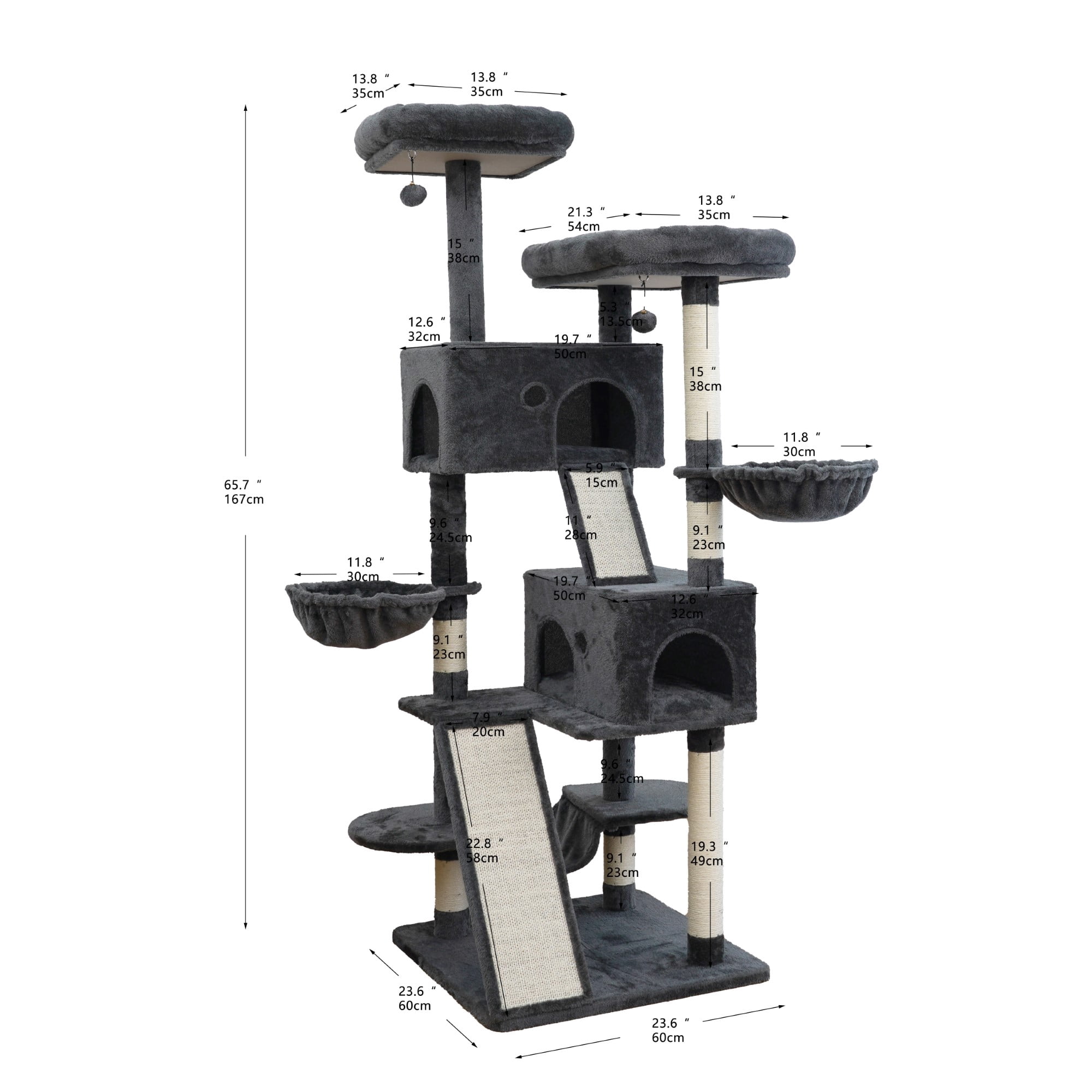 Vibrant Life Heavy Duty 8-Level 66" Cat Tree with Two Condos, Scratching Ramps, and Hammocks, Dark Gray