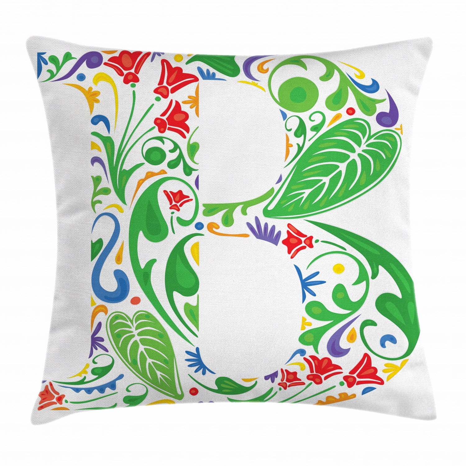 Letter B Throw Pillow Cushion Cover, Capital with Spring Herbs Flowers