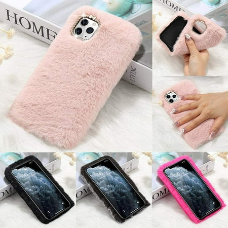 Plush Case For Iphone 11 Phone Cover Cute Furry Fluffy Protective Case With Crystal Faux Bunny Hair Cover Soft Phone Case Protective Phone Cover Pink Walmart Canada