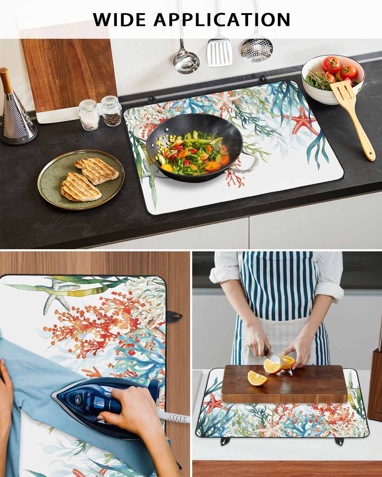 nqOlkjepod Large Induction Cooktop Protector Mat 36"x21", Coastal Ocean Stove Top Covers for Electric Stove, Summer Beach Coral Starfish Seagrass Stove Burner Cover Mats, Glass Top Stove Cover