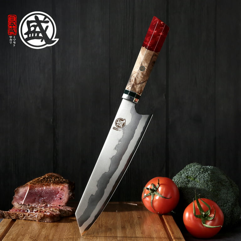  MITSUMOTO SAKARI 8 inch Japanese Gyuto Chef Knife, Professional  Hand Forged Japanese Meat Knife, AUS-10 Premium Damascus Steel Kitchen  Cooking Knife (Shadowwood Pomegranate Handle & Gift Box): Home & Kitchen