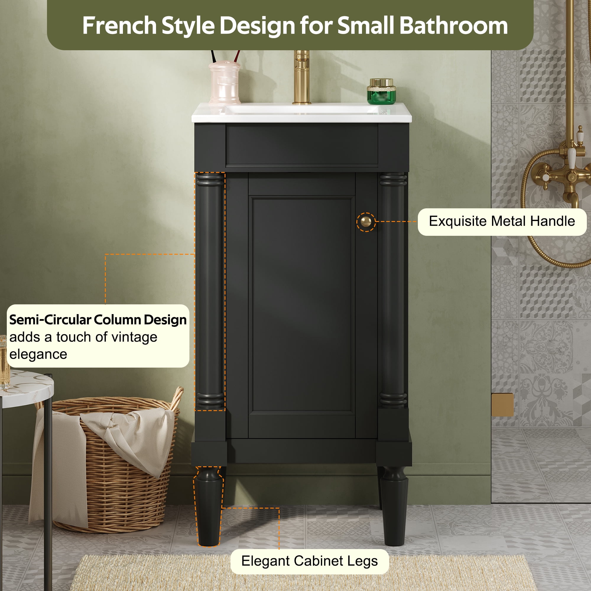 Euroco 18" French Style Bathroom Cabinet with Storage, Small Space Solution with Ceramic Sink, Adjustable Shelf, Soft-Closing Hinges
